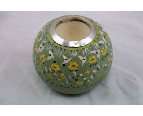 Victorian silver topped ceramic match holder, naive abstract hand painted floral decoration, hallmarked Birmingham 1892, heig