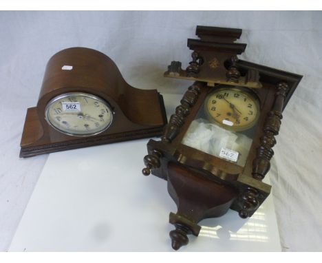 Late 19th / Early 20th century Wooden Cased Wall Clock together with a 1930's Mantle Clock with Silvered Face