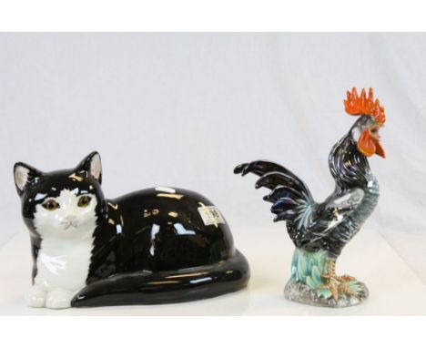 Staffordshire Pottery "Just Cats & Co" ceramic cat with glass eyes & a hand painted Italian ceramic Cockerel with maker and n