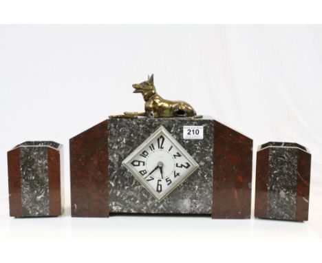 Art Deco Marble Mantle Clock Garniture, the clock surmounted by a Spelter Alsatian (a/f)