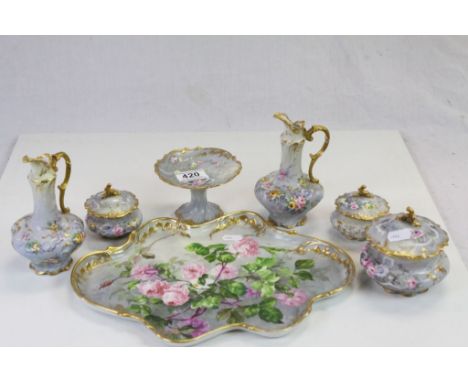 Six piece hand painted ceramic Dressing Table set with Pink Rose design and marked "E.J.H 1905"