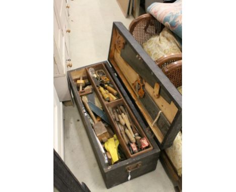 Large Early 20th century Pine Fitted Toolbox together with a Quantity of mainly Vintage Woodworking Tools including Wooden Ha