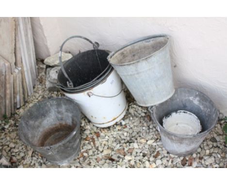 Enamel Bucket, Five Galvanised Buckets and a Paint Pot