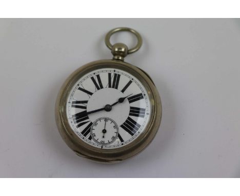 White metal open faced key wind pocket watch, white enamel dial and subsidiary dial with black Roman numerals and poker hands