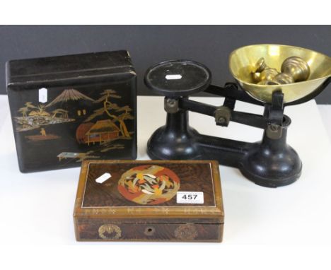 Set of vintage Kitchen Scales with brass pan & weights and two vintage wooden boxes with Oriental Lacquered decoration