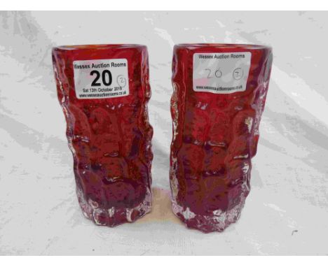 Geoffrey Baxter for Whitefriars. a pair of ruby red cylindrical bark vases from the Textured range, 9689, height approximatel