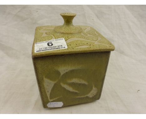 Studio Pottery lidded tea caddy of square cuboid form with abstract design, monogrammed to base, height approximately 15cm