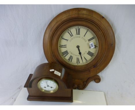 Edwardian Mahogany Inlaid Mantle Clock  with White Enamel Face together with a Pine Cased Hanging Wall Clock (battery operate