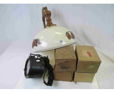 Large Glass Rise and Fall Lamp Shade together with a Signal Lamp / Spotlight and Four Boxed Gas Masks