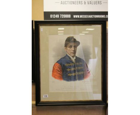 19th Century framed and glazed Lithograph of Jockey "Fred Archer" with Facsimile Signature