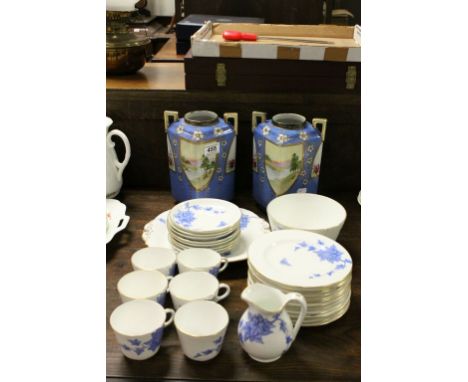 Blue & white Davenport part tea service with Butterfly & Ivy pattern & a pair of Japanese ceramic twin handled Vases