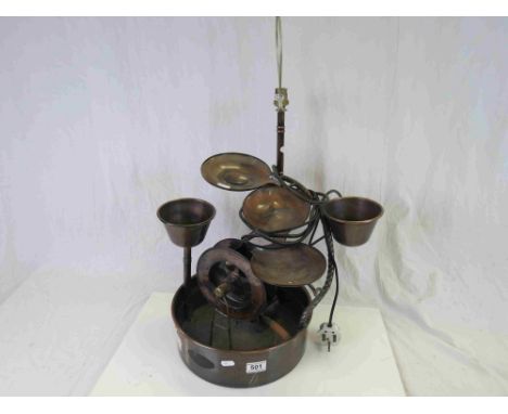 Fantasia of London Copper Combined Table Lamp and Water Feature comprising a series of Leaf Shaped Cups and a Wheel