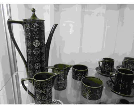 Portmeirion Pottery Totem design coffee service comprising coffee pot, two milk jugs, two sugar bowls, eleven coffee cups and