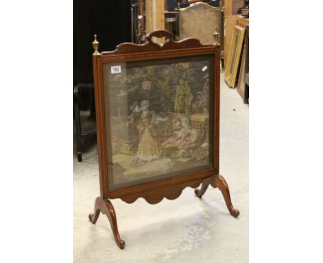 Early 20th century Mahogany Inlaid Firescreen with Brass Finials and a Tapestry Panel