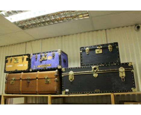 Vintage Wooden Bound Travelling Trunk and Four Other Travelling Trunks