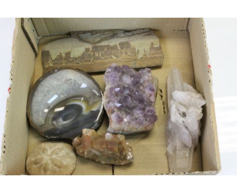 Amethyst Crystal Display together with Two Other Rock Crystal Displays plus, Agate Polished Bowl and a Paesina Polished Stone