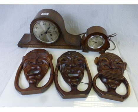 1930's Ferranti Oak Cased Electric Mantle Clock, another 1930's Oak Cased Mantle Clock together with Three Hardwood Ethnic Ca