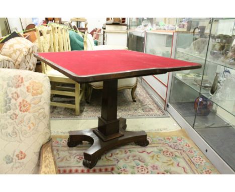 William IV Mahogany Fold-Over Card Table with red baize playing surface raised on a Square Pedestal , Shaped Platform Base an