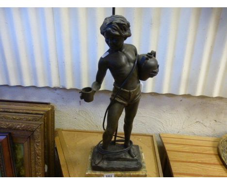 Large Spelter lamp base of a boy with Amphora and cup