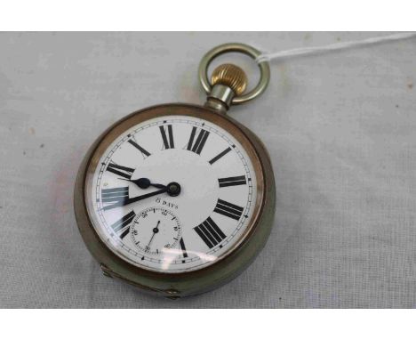 White metal 8 day top wind Goliath pocket watch, white enamel dial and subsidiary dial with black Roman numerals and black po