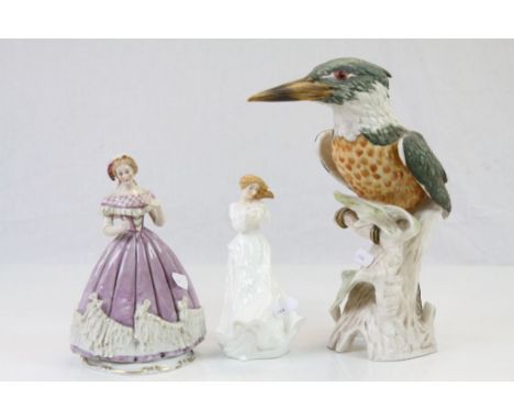 Large Goebel ceramic model of a Kingfisher, a ceramic figurine marked to base "Godey's Fashions for December 1863 & a Royal D