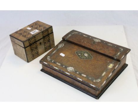 Wooden Tea Caddy with silvered interior and lids plus a burr Walnut veneered writing slope with Brass & Mother of pearl inlay
