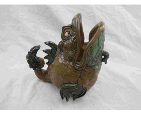 Andrew Hull for Burslem Pottery grotesque fish spoon warmer, brown green and blue colour palette, signed to base, impressed m
