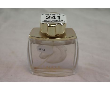 Lalique Pour Homme Eau de Toilette bottle with contents, frosted reverse intaglio horse head design to bottle, original stick