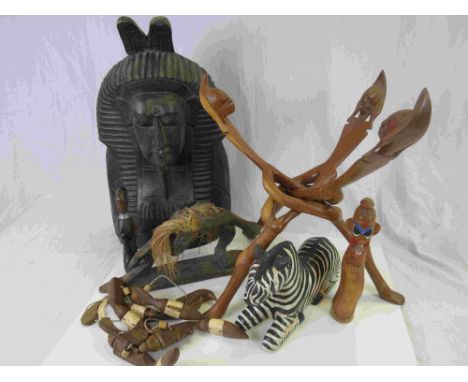 Collection of Ethnic Tribal Wooden Carved Items including a Sphinx Style Bust, Folding Table Base carved from Single Trunk, W