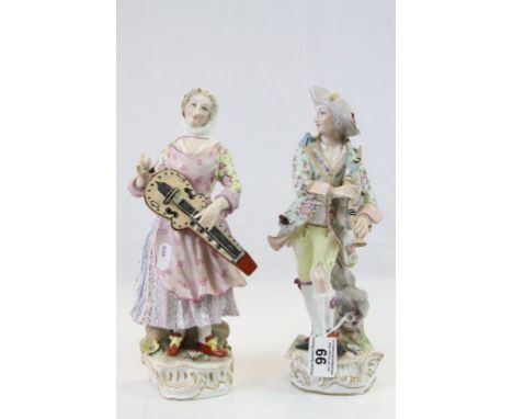 Pair of 19th Century ceramic figures with Musical intstruments with Meissen type blue crossed sword marks to bases, both with
