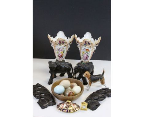 Mixed collectables to include; Pair of hand painted ceramic Vases, carved pair of Oriental wooden Elephants, bowl of Specimen