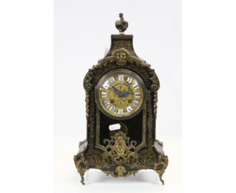 Vintage French Wooden mantle Clock with Boule style Brass inlay, ornate Brass detailing and pendulum & Enamel numerals to the