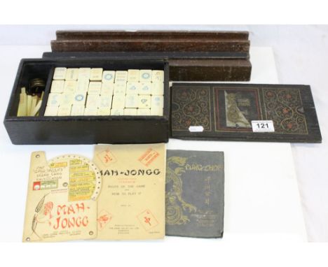 Early 20th Century wooden cased "Pung Dhow" Mah Jong set with rule book, tile stands etc