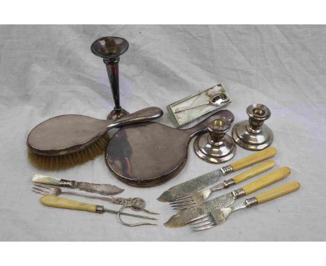 Pair of silver dwarf candlesticks, makers mark indistinct, hallmarked Birmingham 1921, silver backed hand brush and hand mirr