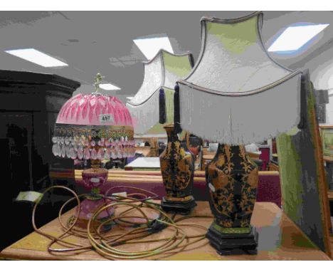 Pink Glass and Gilt Metal Table Lamp with Crystal Drops together with a Pair of Ceramic Cobalt Blue Table Lamps with Gold Col