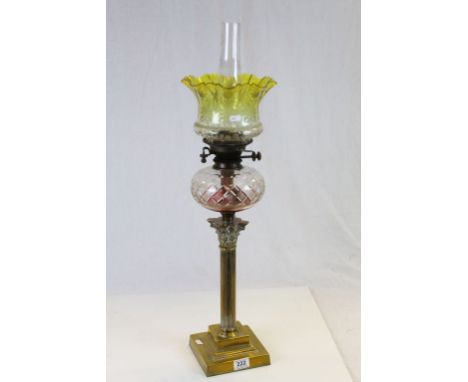 Large 19th Century Brass Corinthian Column Oil Lamp with clear cut glass reservoir and floral decorated etched glass shade