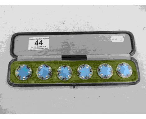Cased set of six cloisonne enamelled Art Nouveau buttons, blue enamel ground with dark blue flower and white heart shaped lea