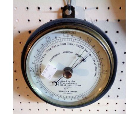 A late 19th Century Negretti &amp; Zambra of London bulkhead "Fisherman's Aneroid Barometer" with brass bezel and 5" diameter