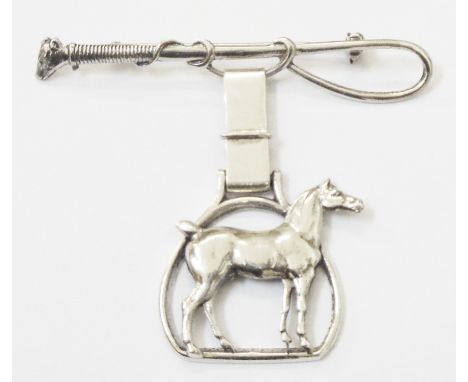 A marked sterling equestrian brooch with hunting whip pattern bar, horse and stirrup pattern open drop