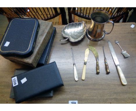 Various cased sets of silver plated and other cutlery - sold with a silver plated tankard, leaf pattern dish, trench art pape