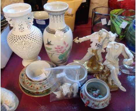 A pair of 19th Century German figures - sold with Chinese tea bowls and saucers - various condition