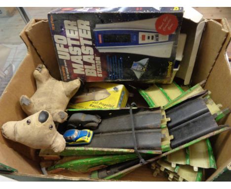 A box of vintage toys including 1978 Bambino Master Blaster computer game, Jetex jet propelled racing car, Marx Speedway trac