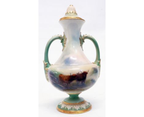 An early 20th Century Royal Worcester two handled vase with Harry Stinton painting of cows - lid a/f, mark indistinct