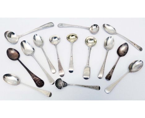 Various antique and later silver small spoons including mustards, coffee, tea and ladle, also an unmarked ornate salt spoon -