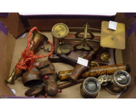 A box of assorted items including Fern ware round ruler, silver plated opera glasses, corkscrew, miniature bugle, postal scal