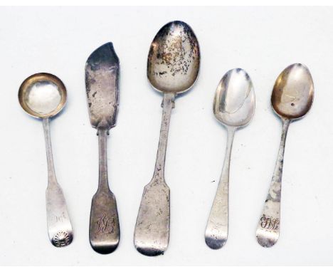 A London silver fiddle pattern tablespoon, two other spoons, a small Scottish ladle and William IV fish knife