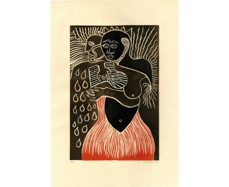 Artist: Karima Muyaes (Mexican, b.1960). Title: "Parabola del Mar". Medium: Color linoleum cut. Date: Composed 1989. Dimensio