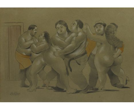 Artist: Fernando Botero (Colombian, b.1932). Title: "Los Bailarines". Medium: Watercolor and pencil drawing. Date: Composed 1