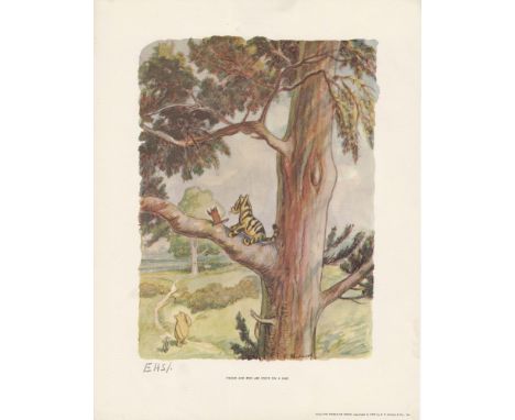 Artist: E(rnest) H(oward) Shepard (British, 1879 - 1976). Title: "Tigger and Roo Are Stuck on a Limb". Medium: Original color