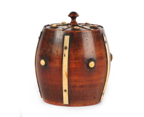 GEORGIAN MAHOGANY AND BONE BARRELL TEA CADDY  HEIGHT: 3.5 INCHES DIAMETER: 3 INCHES GOOD CONDITION 